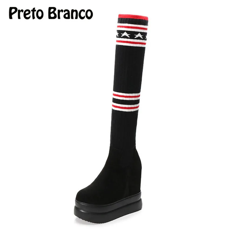 PRETO BRANCO/женские носки на платформе Черные женские сапоги до колена Эластичные