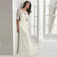 half sleeves scoop neck lace appliques mermaid wedding dresses chiffon pleated lace up corset bridal gowns simple vestidos