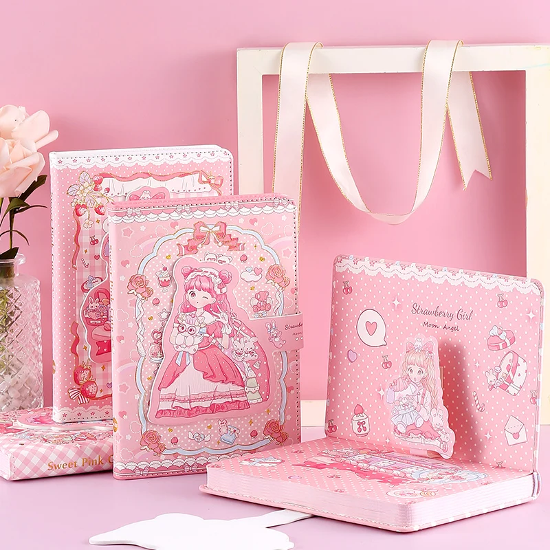 

Pink Hand Book Cartoon Soft Leather Magnetic Buckle Student Color Page Notebook Diary Planner Schedule Pu Notepad Holiday Gift