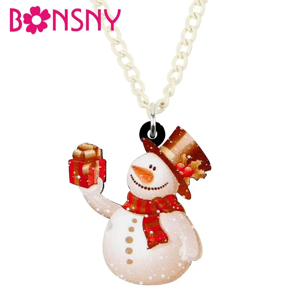 

Bonsny Acrylic Christmas Anime Smile Snowman Gift Box Necklace Choker Festival Jewelry Lady Girl Teen Charm Decoration Gift 2019