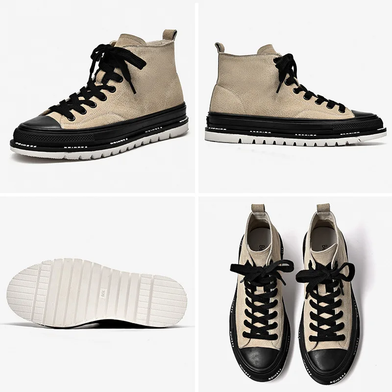 

BeauToday High Top Sneakers Women Suede Leather Canvas Round Toe Lace Up Platform Ladies Casual Flat Shoes Handmade 29048