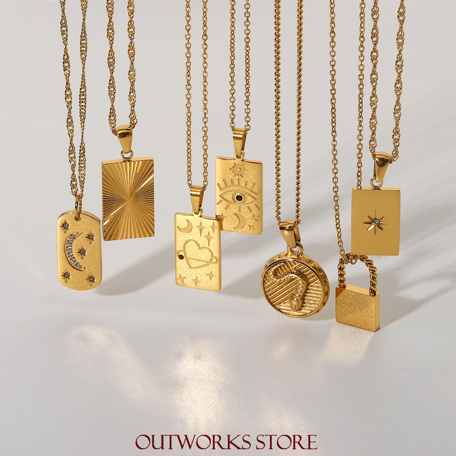 

New 18k Gold-Plated Stainless Steel Necklace Fashion Personality Square Tarot Sign Pendant Necklace For Women Girls Accessories
