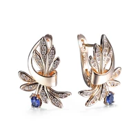585 rose gold color flower leaf cz blue stone dangle earrings for women girls stylish elegant fashion jewelry ge336