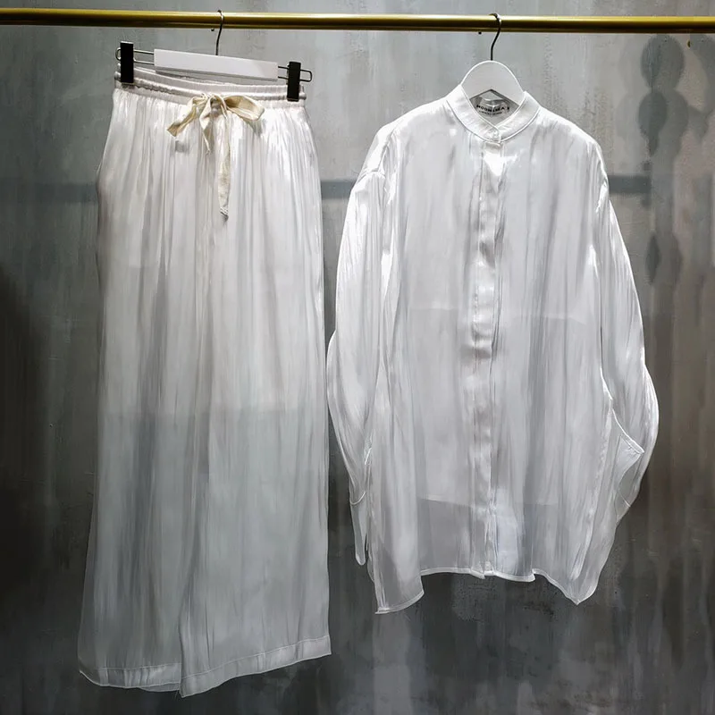 

SeeBeautiful Two Pieces O Neck Stitching Loose Shirt Ealstic Waist Wide Leg Pants Set New Fashion 2021 Spring Summer Women E189