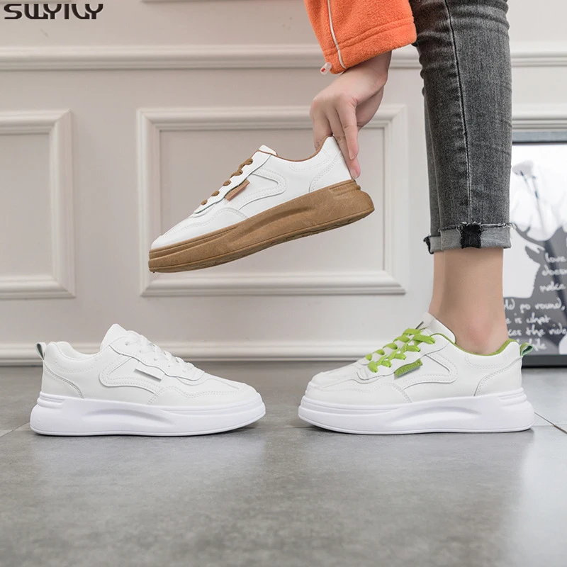 Кроссовки SWYIVY женские из ПУ кожи повседневная обувь плоская подошва модные