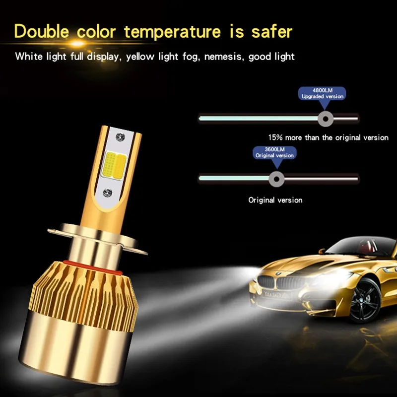 1 шт. C6 H1 H3 H4 H7 9005 9006 для автомобильных фар Светодиодный 3800LM 6500 к 36 Вт 2 COB светодиодный авиации Алюминий 360 градусов Автомобильные светодиодные лампы фар