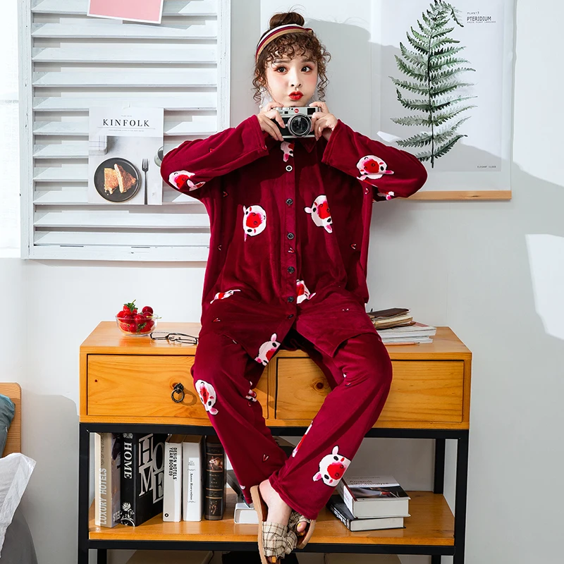 Фланелевые пижамные комплекты женские зимние пижамы кардиган с длинными