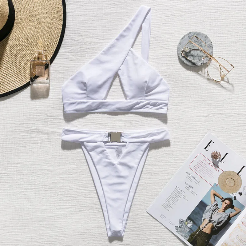 

Fors One shoulder swimsuit female High waist bikinis 2020 mujer Hollow out keyhole white swimwear Buckle high cut bathing suit