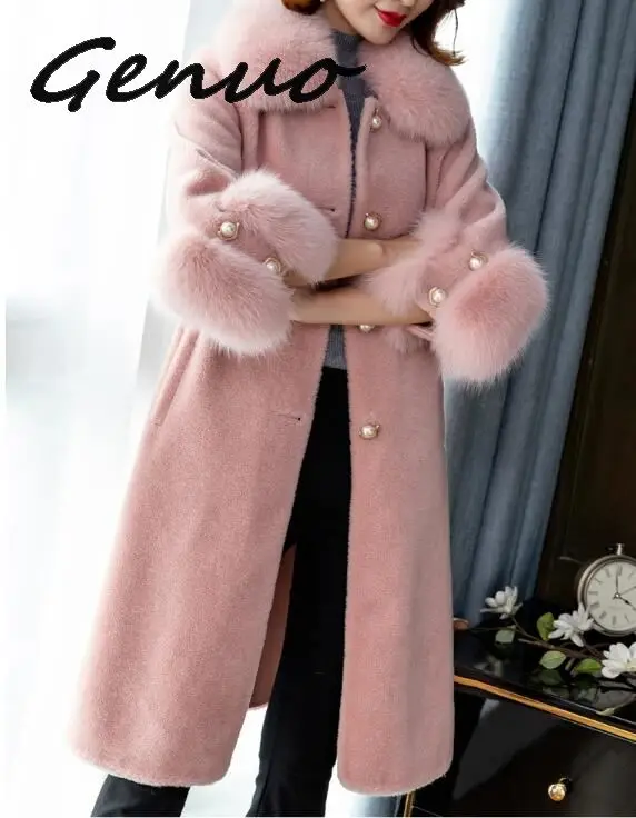New Winter Thicken Faux Fur Coat Female Jacket Big Fur Collar  Pink Long Coat Korean Fur Jacket Manteau Femme Hiver