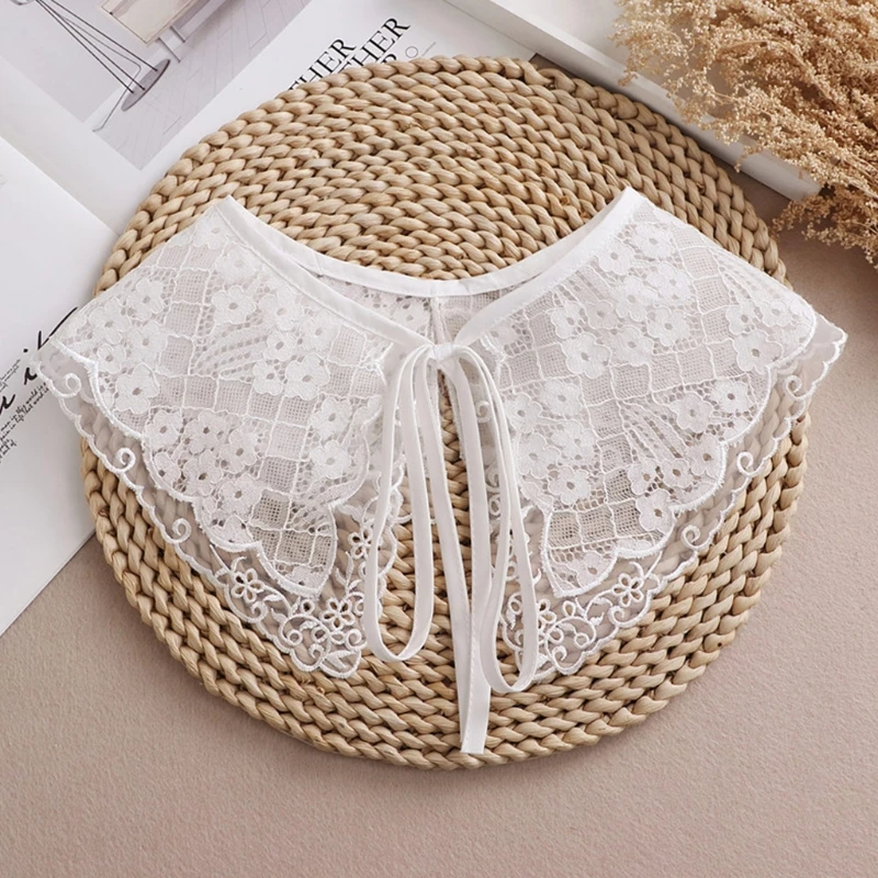 

Korean Style Women Ribbon Bowknot False Fake Collar Double Layer Hollow Out Lapel Big Shawl Wrap Embroidery Trim Elegant Necklac