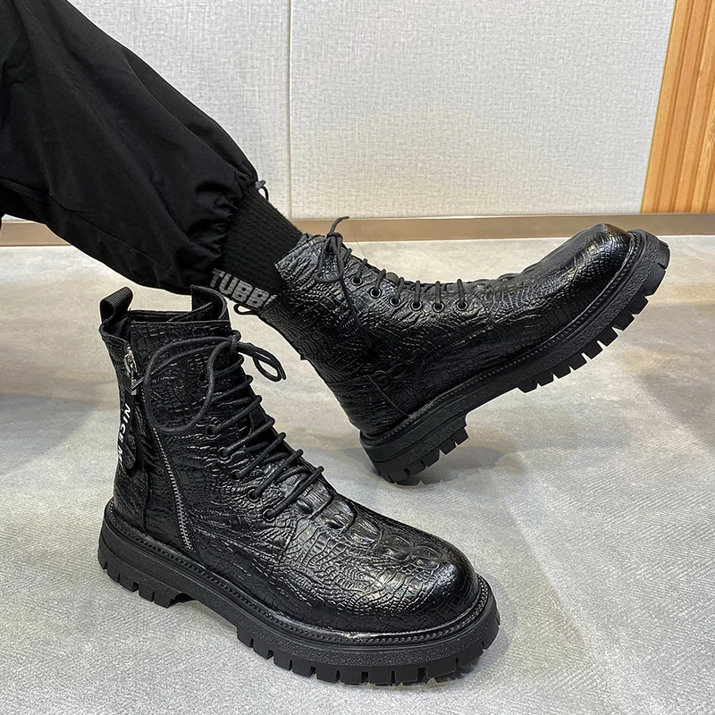 

Trendy Black Crocodile Skin Men Martin Boots Genuine Leather Men's Ankle Boots Zipper Street Cool Casual Men Shoes Botas Hombre
