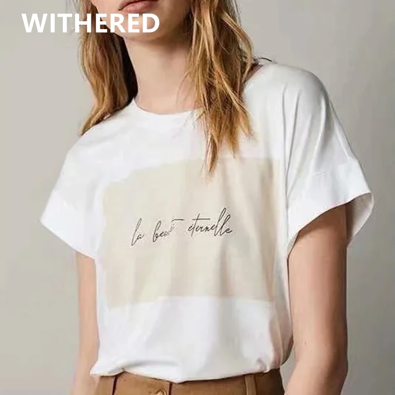 

Dave&Di England Style Office Lady Simple Letter Print Cotton Summer T shirt Women Harajuku Camisetas Verano Mujer 2021