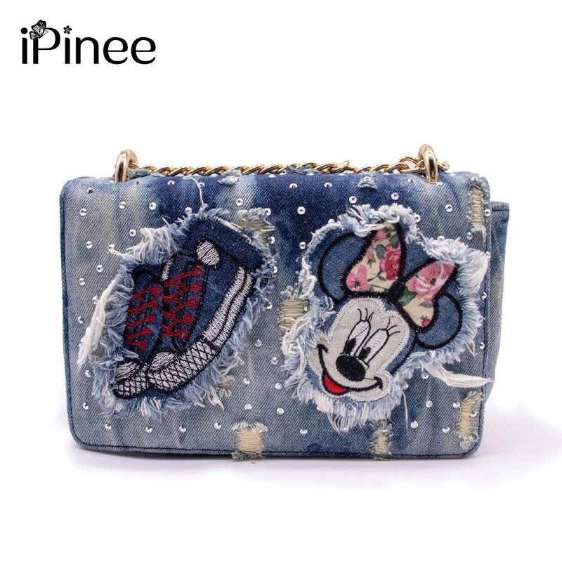 

iPinee Rivet Denim Crossbody Bags for Women Messenger Bags Chain Strap Shoulder Bag Lady Small Flap Cartoon Bag
