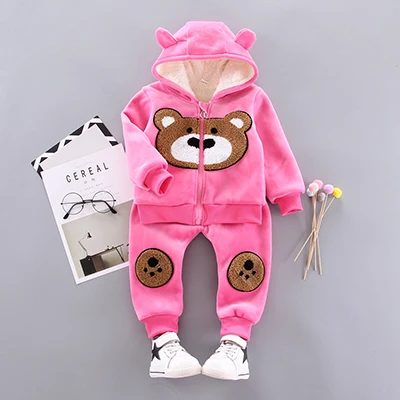 ST011-Rose Теплый комплект одежды для маленьких девочек, зимние комплекты одежды из толстого плюша и хлопка для маленьких девочек, толстовки и штаны Детский комплект детская одежда - Цвет: ST011-Rose