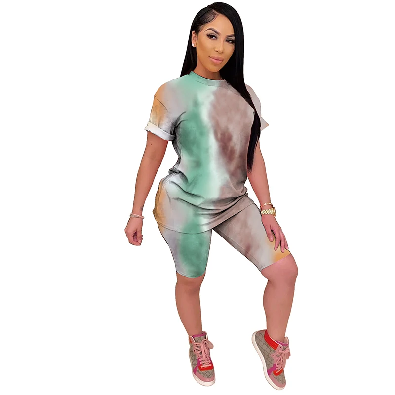 

Casual Tie Dye Two Piece Set Sport Suit Crop Top + Pants O-neck Short Sleeve Summer Clothes For Women Plus Size 2xl