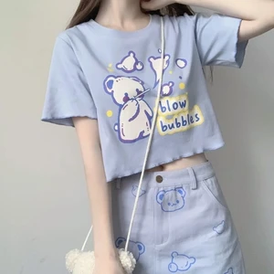 QWEEK Kawaii Bear Print Graphic T Shirts Women 2021 Cute Cartoon Print Japanese Style Summer Feminine Clothes Cropped Top Mujer