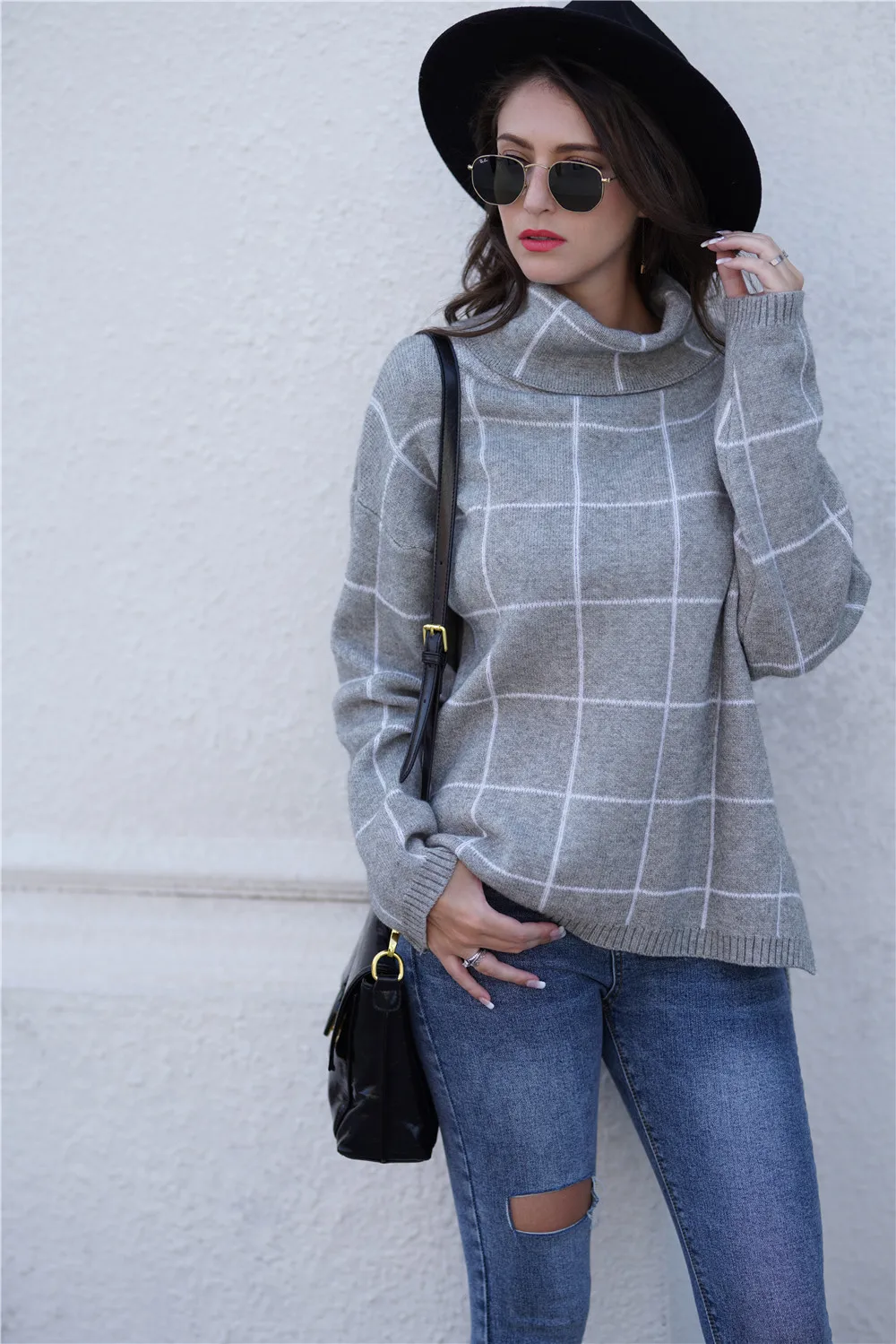 

H80&S90 New Plaid Knitted Pullover Sweater Women Turtleneck Long Sleeve Laides' Swearters Casual Winter Clothes Sweter mujer Top