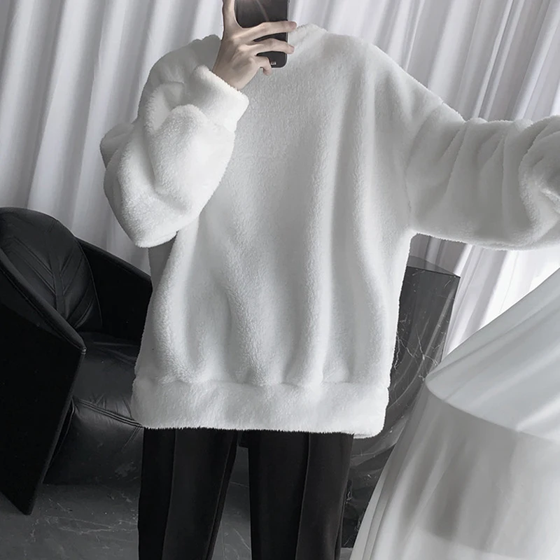 Men's Winter Fluffy Fleece Pullover Plush Tops Sweatshirt Outwear Warm Streetwear Palace Pullover Outwear O-neck Sweatshirt