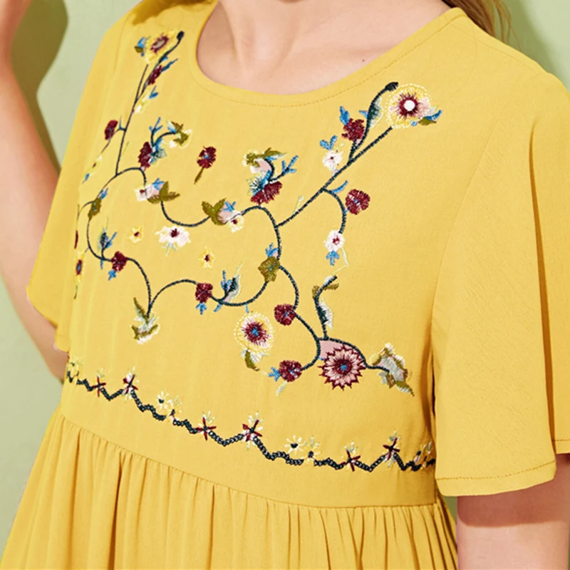 SHEIN/Детское платье для отдыха для девочек с вышивкой спереди и пуговицами; коллекция года; летние длинные платья трапециевидной формы с рукавом-бабочкой в стиле бохо для детей