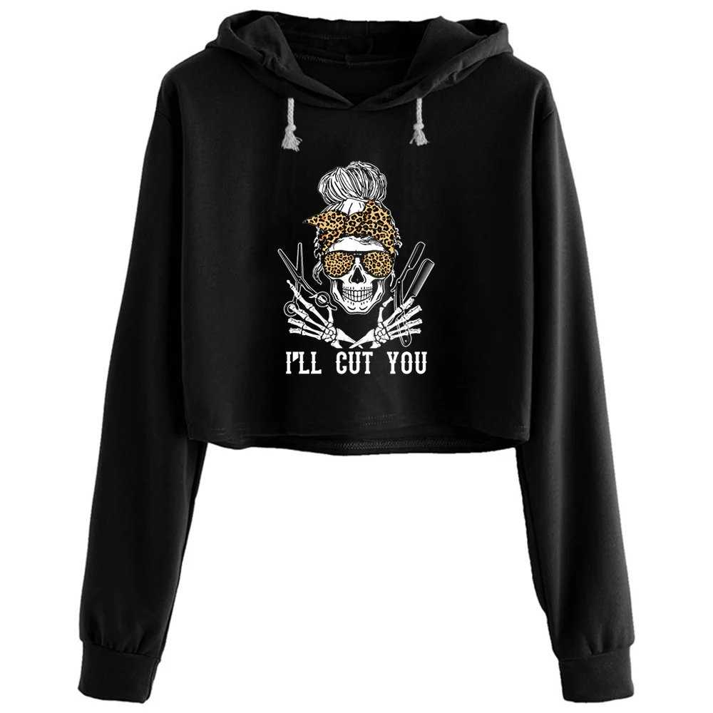

Messy Bun Hair Skull Leopard Hairdresser Halloween Crop Hoodies Women Aesthetic Kpop Korean Y2k Pullover For Girls