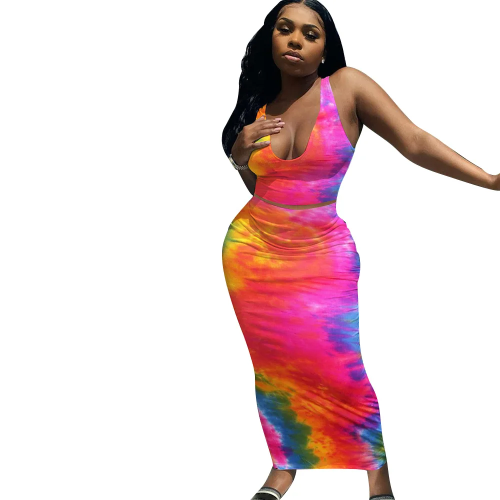 

RStylish 2021 Fashion Outfits Tie-Dye Print U-Neck Sleeveless Crop Top Long Skirt Women Summer Clothes Night Club Two Piece Set