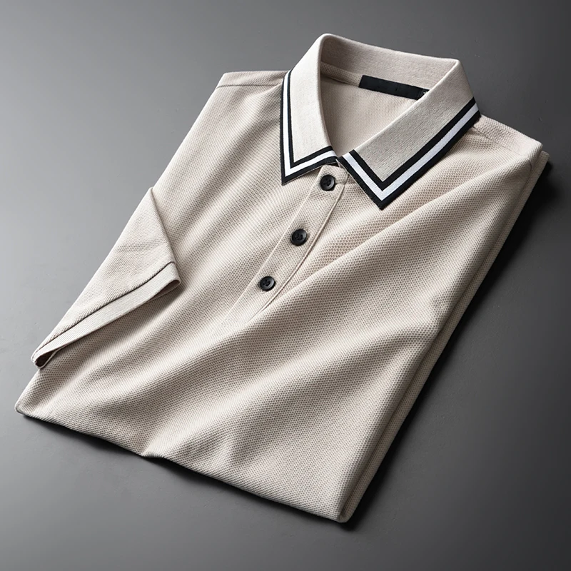 

Футболки мужские из хлопка, роскошные летние мужские футболки с коротким рукавом и воротником из окрашенной пряжи, тонкие повседневные муж...