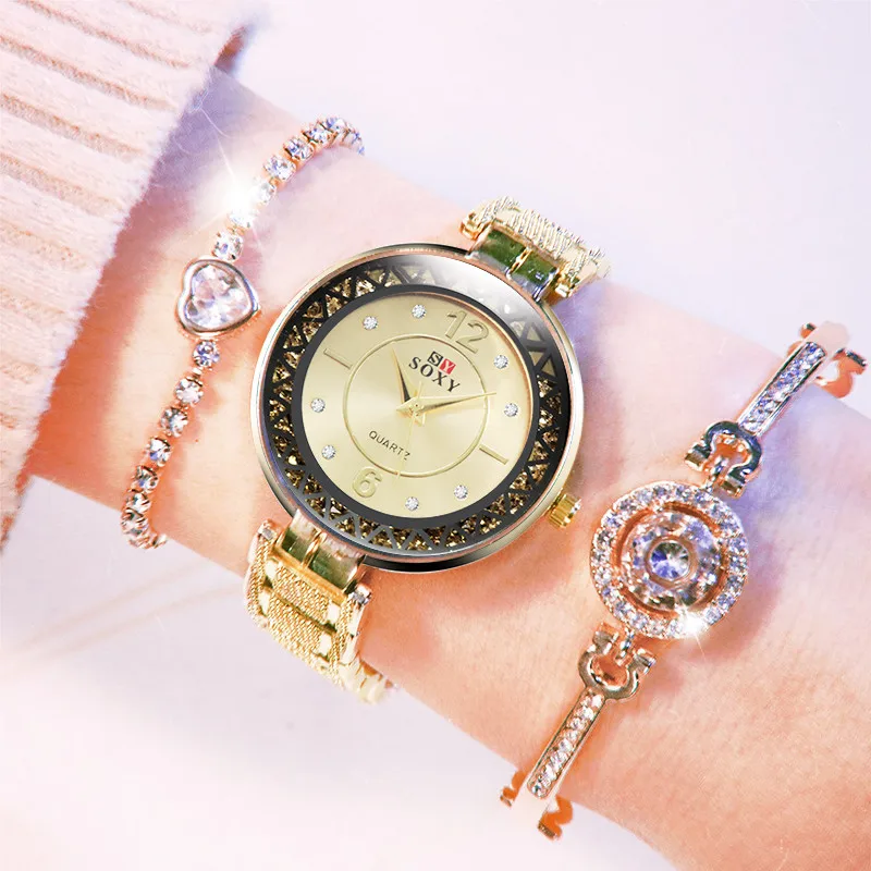 

Fashion Casual Women's Watches 3PCS Set Ladies Diamond Quartz Wristwatch Female Crystal Bracelet Clock Watch Set zegarek damski