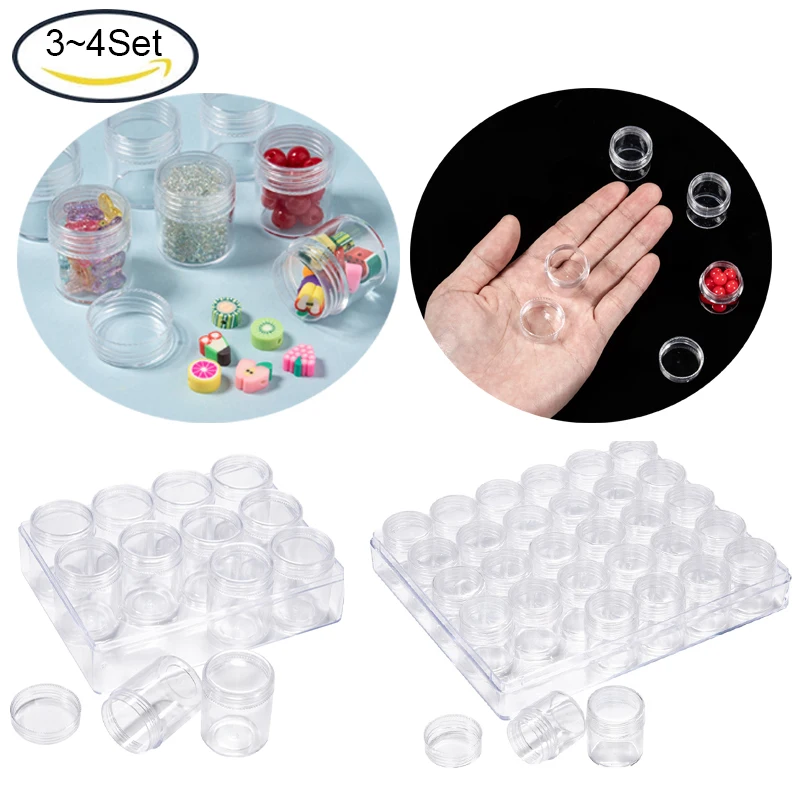 

3~4 Sets of Plastic Transparent Storage Box Clear Beads Storage Containers Jar with Rounded Screw-Top Lids for Jewelry Storage