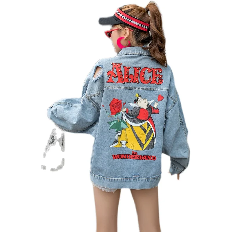 

2021 New Cartoon Broken Hole Print Beaded Loose Denim Jacket Free Shipping
