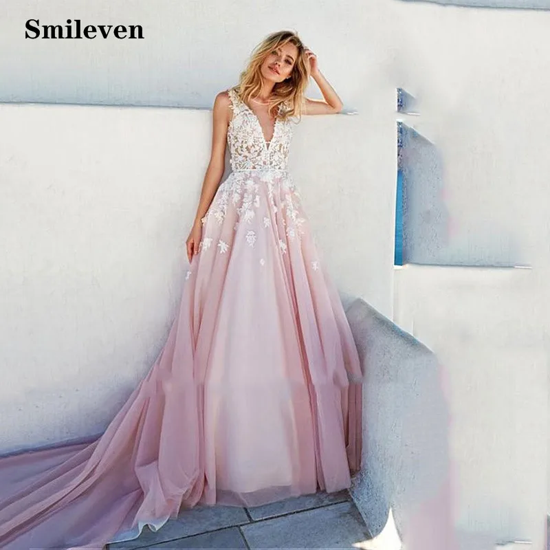 Свадебное платье Smileven в стиле бохо с объемными цветами розового цвета открытой