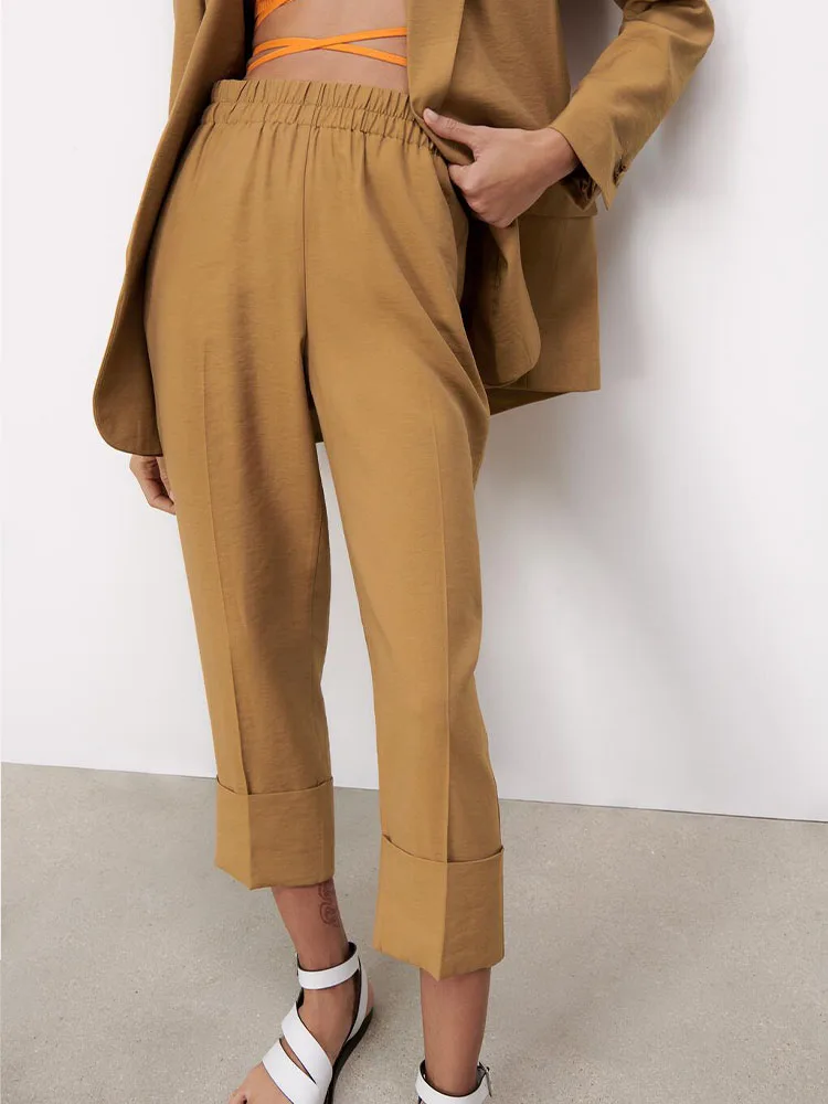 

ZA spring new women's clothing all-match no button casual suit jacket + high-waist curled trousers professional suit office