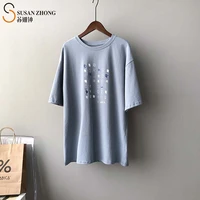 women short sleeve t shirt female tops 2021 spring summer cozy casual loose straight round neck cotton stretch raw hem letters