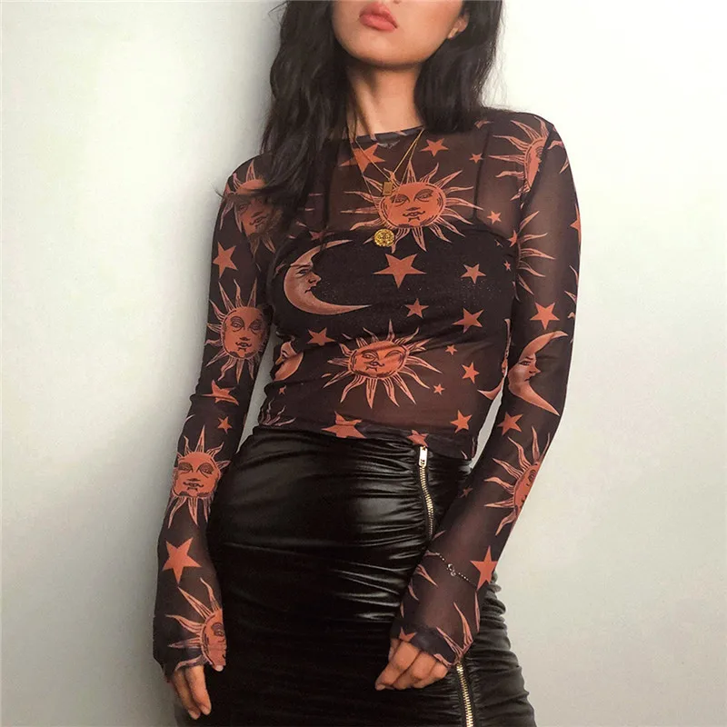 

Sun Moon Printed Transparent Mesh Sexy T-Shirt Women O-Neck Long Sleeve Slim Basic Casual Female Tops 2019 Spring New