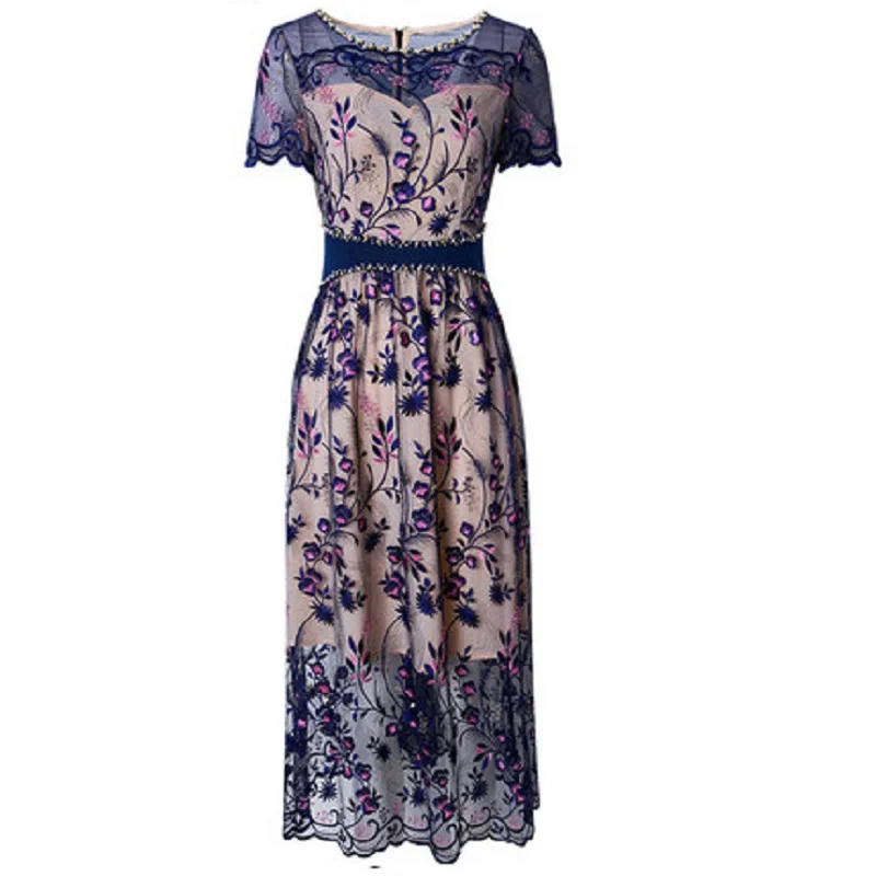 

fashion 2021 women's Embroidered summer dress elegant temperament O-neck slim Beaded lady A-line short sleeve patchwork dress
