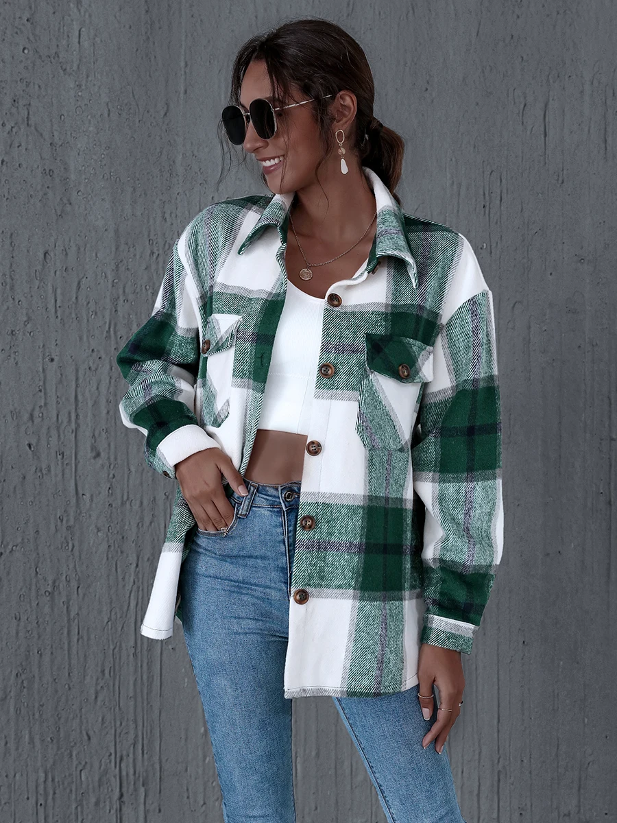 

2020 Autumn women Casual plaid coats Buttons pockets female jackets coat Streetwear ladies spring Loose coats outerwear