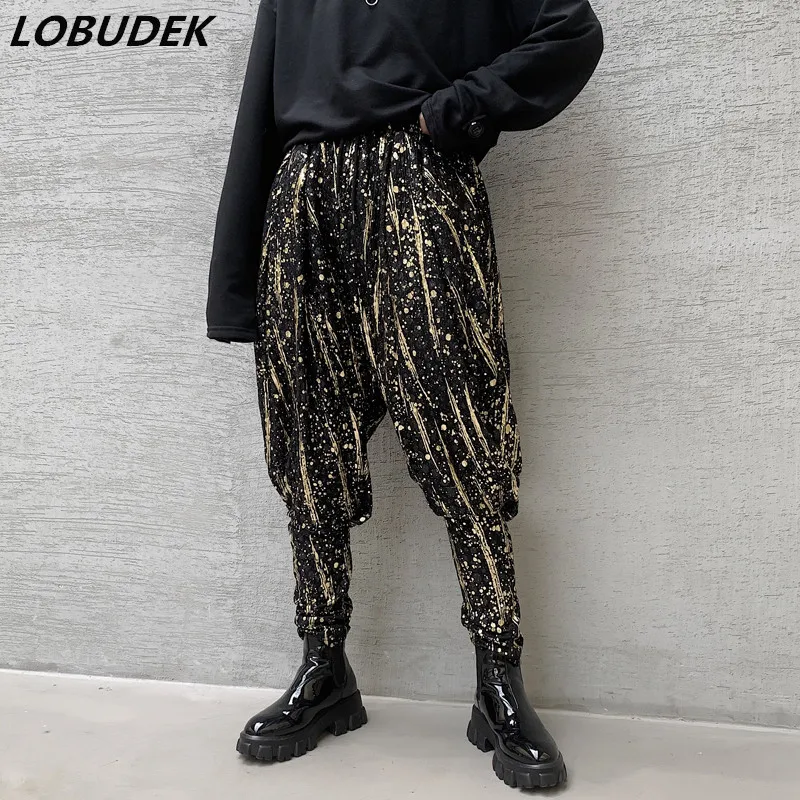 Bronzing Printed Loose Casual Harem Pants Hip Hop Rap Singer Dancer Performance Cargo Pants Men's Fashion Trousers Long Pants
