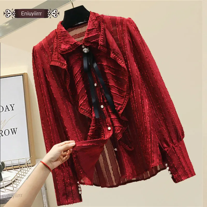 

Женская Базовая рубашка с длинным рукавом, элегантная офисная красная блузка для работы с бантом и оборками, весна-осень 2020, E812