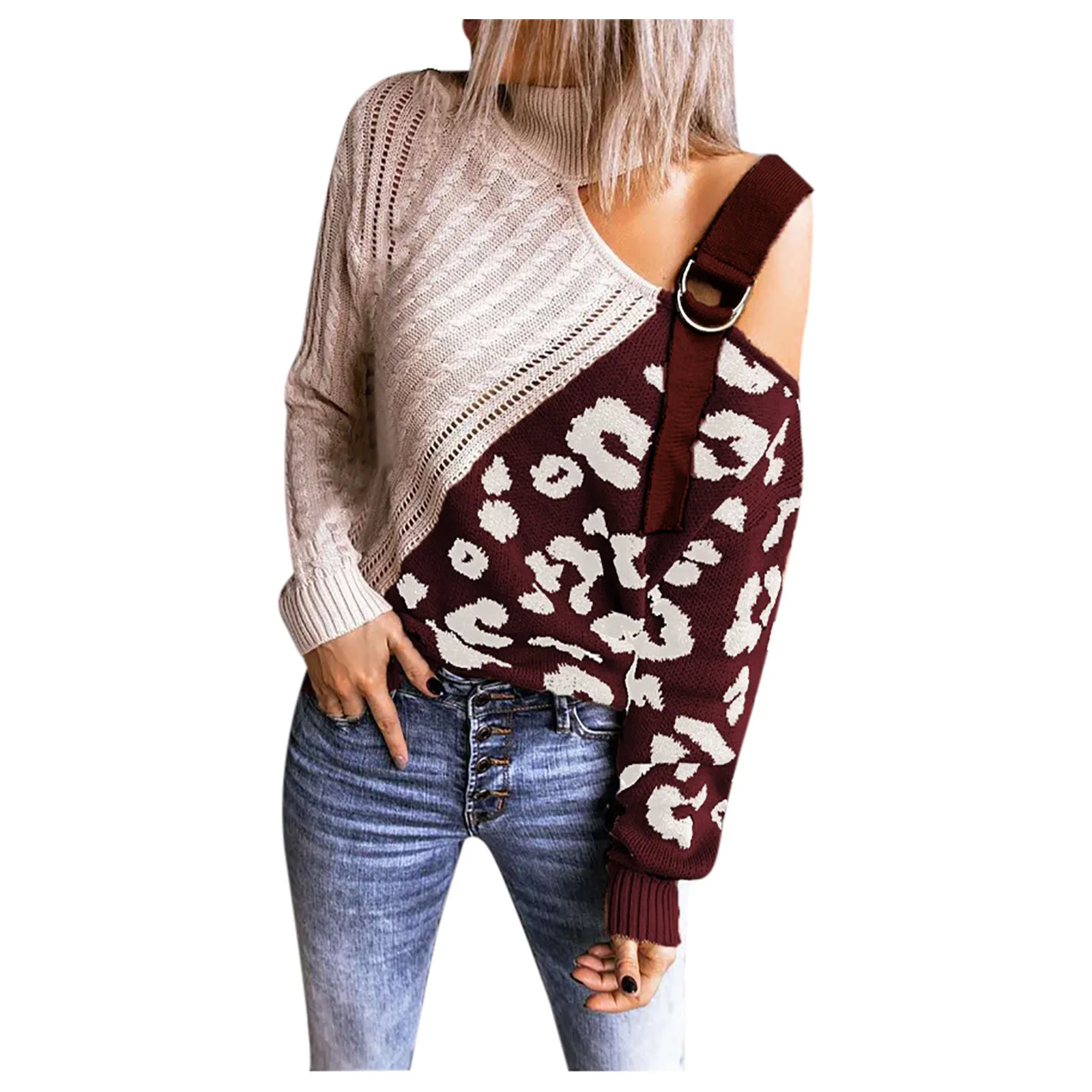 

Women's Sweaters Fashion Women Turtleneck Long Sleeve Off Shoulder Colorblock Knitted Sweater Top Casual Ethnic Holiday Style