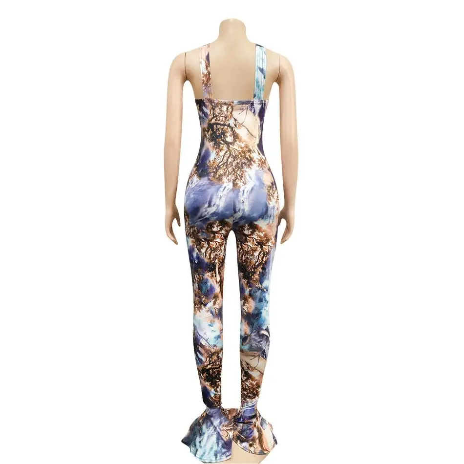

Women Jumpsuit Sexy Party Club Tie Dye Print Sleeveless Halter Neck Ruffles Flare Bodycon Jumpsuit One Piece Overalls Rompers