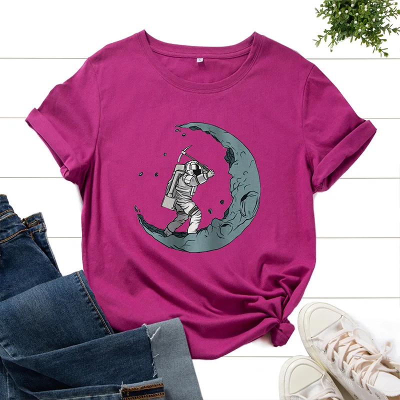

Spaceman Cartoon Print T-Shirt Unisex Pullover Tees Round Neck Short Sleeve Loose Blouse Loose Cotton Soft Tee-Shirt Female Tops