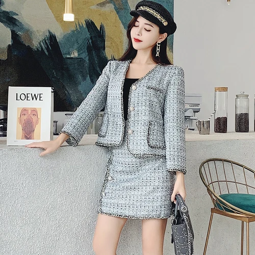 Твидовые комплекты из 2 предметов элегантные женские двух Ретро перьевые