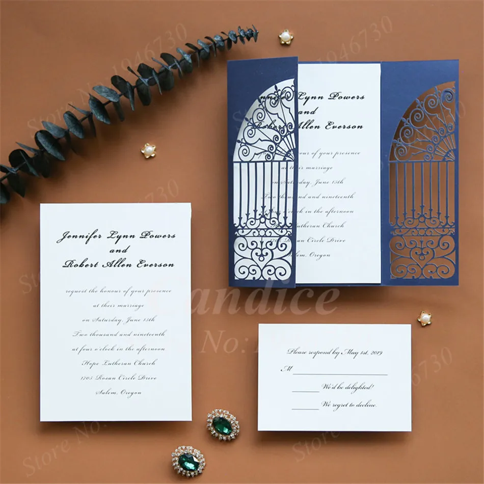 Blue Elegent Gate Design Hollow Heart Laser Cut Wedding Invitation Card Greeting Personalized Party Decoration Supplies | Дом и сад