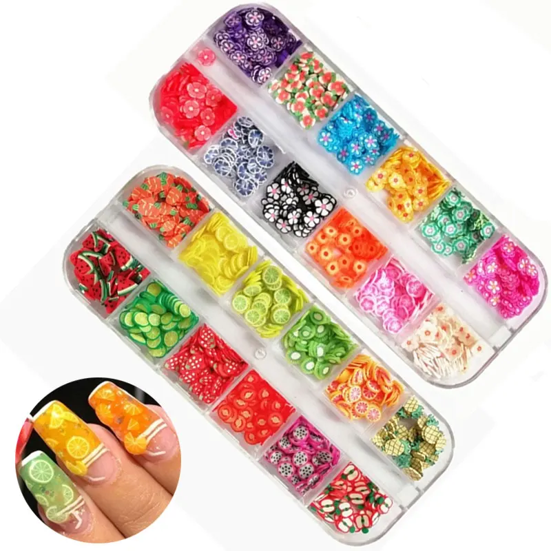 

12 Grids Nail Art 3D Fruit Slices Polymer Clay DIY Slice Decoration Nail Sticker Mixed Stype for Choice Mixed Style Stickers