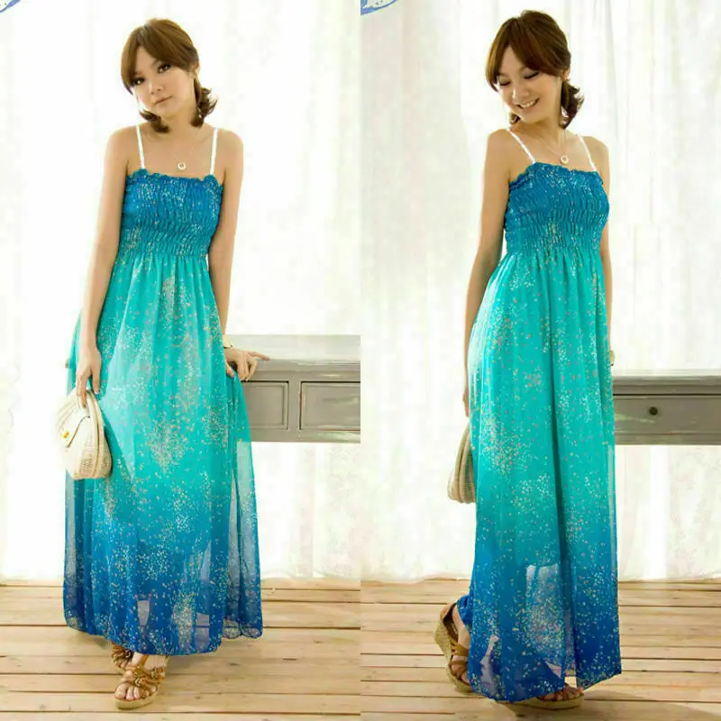 Summer Dress Woman Bohemia Long Sling Ladies Sleeveless Gradient Party Strap Beach Chiffon Maxi Spaghetti Dresses | Женская одежда