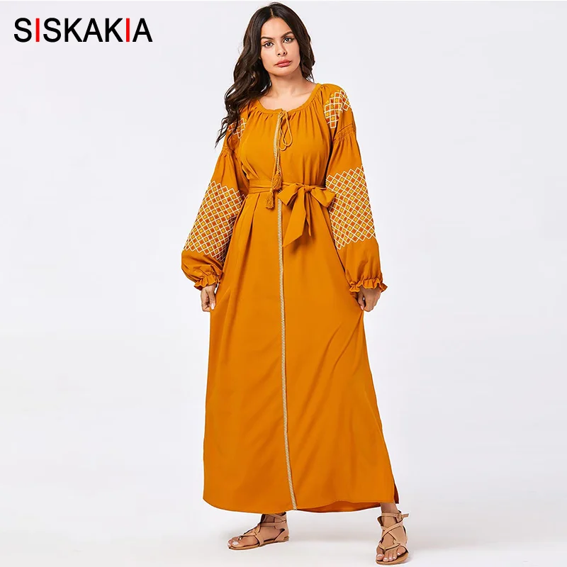 Женское длинное платье с вышивкой Siskakia оранжевое и желтое круглым вырезом