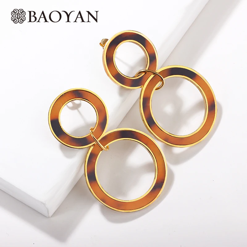 Gold Baoyan большие полые круглые золотые серьги модные серьги из нержавеющей стали роскошный Леопардовый цвет, акриловый длинный Висячие серьги для женщин - Окраска металла: Gold