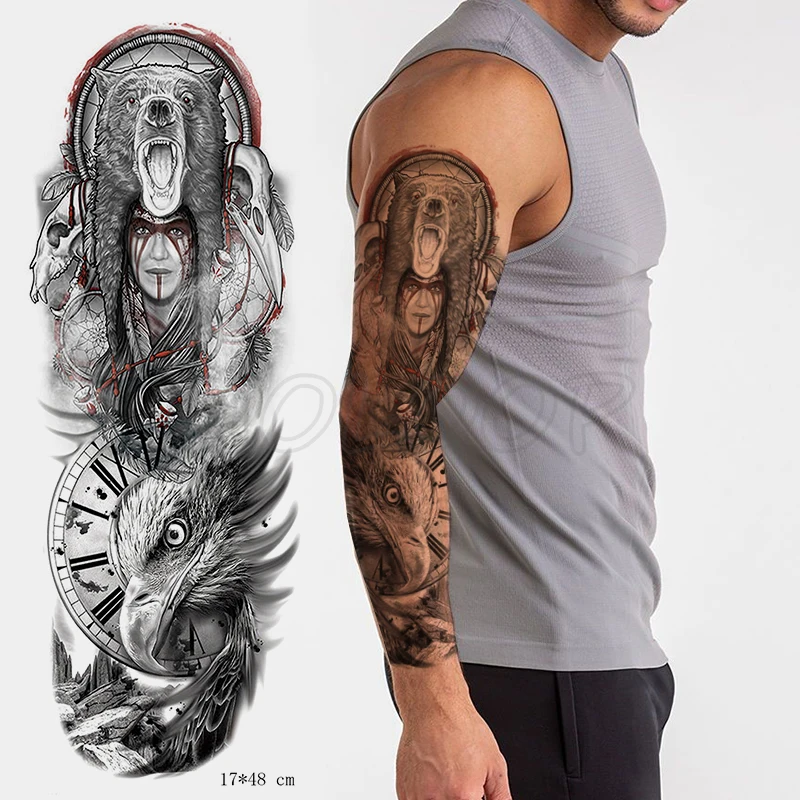 

Full Arm Waterproof Temporary Tattoo Sticker Totem Dreamcatcher Wolf Eagle Forest Clock Fake Tatoo Flash Tatto To Man Woman