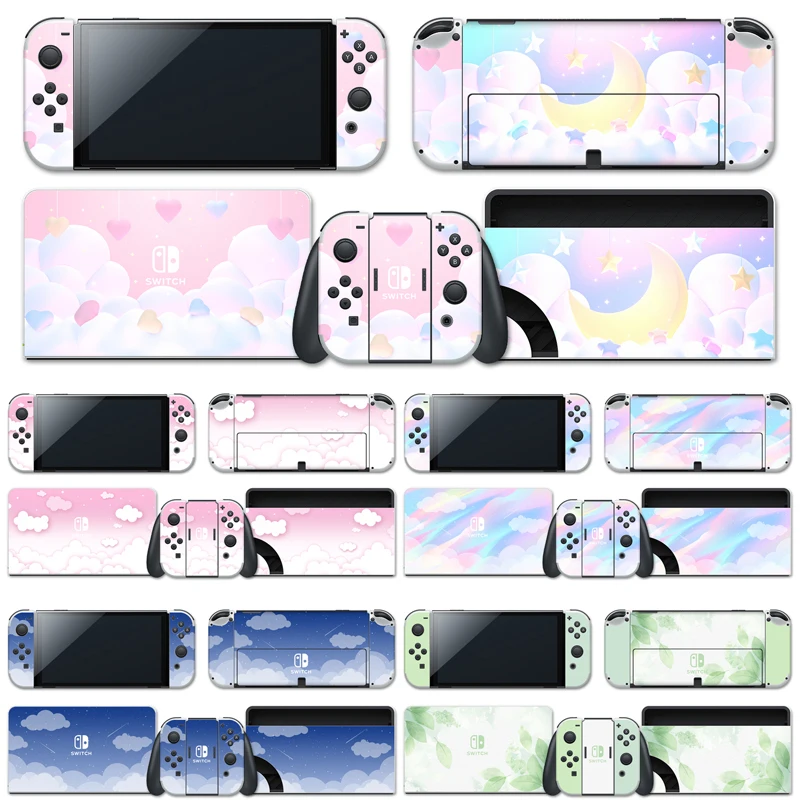 

Cute Pink Cloud Starry Moon Cat Dog Skin Sticker For Nintendo Switch OLED