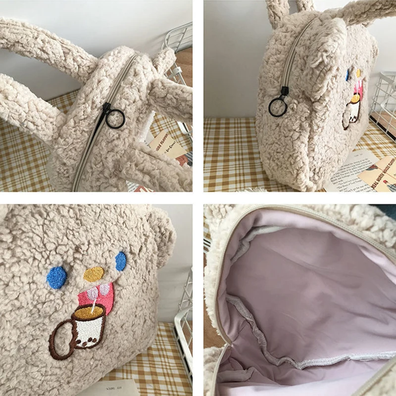 

GOPLUS Winter Milk Tea Bear Women Small Plush Tote Simple Warm Cloth Wrist Bags Embroidery Soft Handbag Eco Bag Purses For Girls