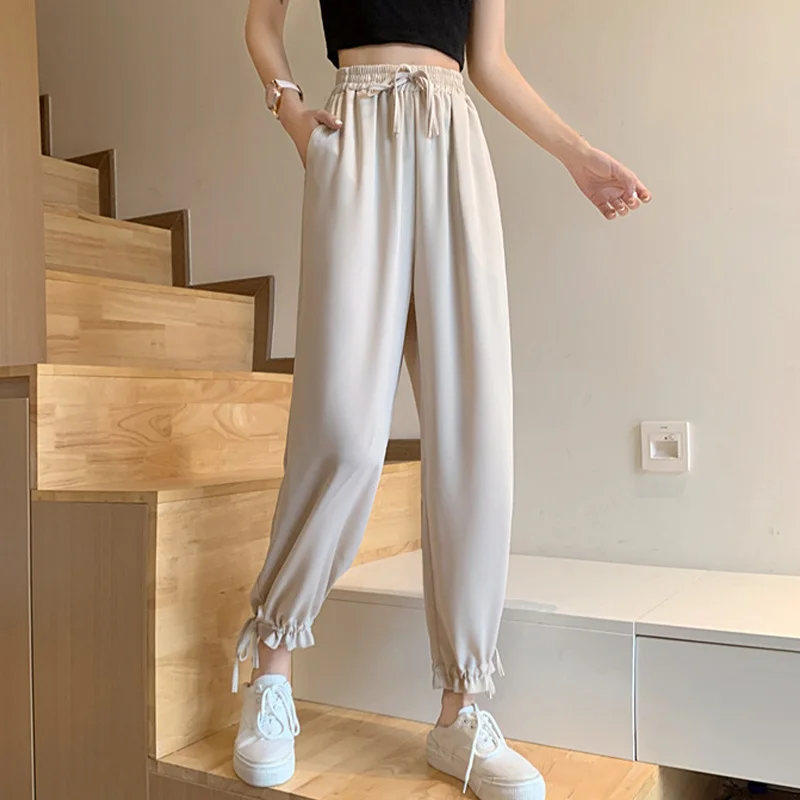 

2021 Women Summer Thin Solid Lantern Pants Drooping Feel Ankle-Length Pants Drawstring Waist Casual Loose Split Harem Pants